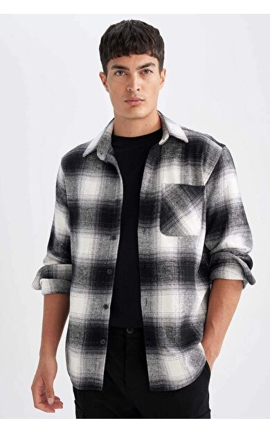 DeFacto Regular Fit Polo Yaka Kareli Flanel Uzun Kollu Gömlek D3498AX24WNBK81