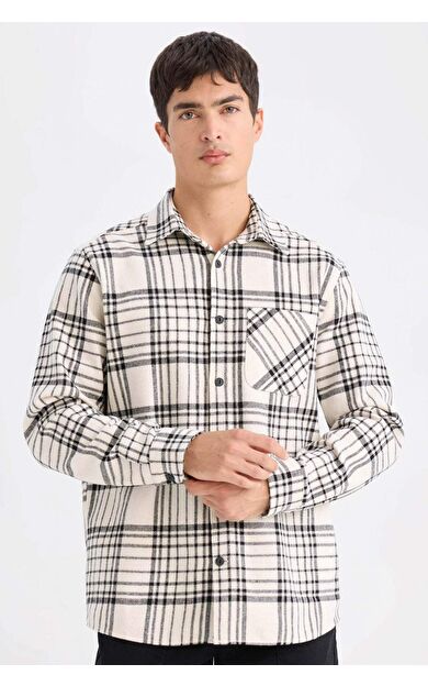 DeFacto Regular Fit Polo Yaka Kareli Flanel Cep Detaylı Uzun Kollu Gömlek