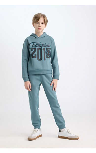 DeFacto Erkek Çocuk Kapüşonlu Baskılı Sweatshirt Beli Lastikli Eşofman Altı 2'li Takım