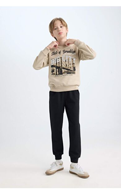 Erkek Çocuk Baskılı Bisiklet Yaka Kalın Sweatshirt Beli Lastikli Jogger Eşofman Altı 2'li Takım