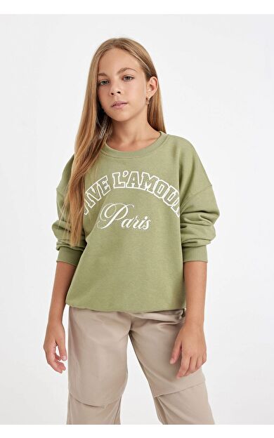 DeFacto Kız Çocuk Relax Fit Bisiklet Yaka Baskılı Sweatshirt D3572A824AUKH461