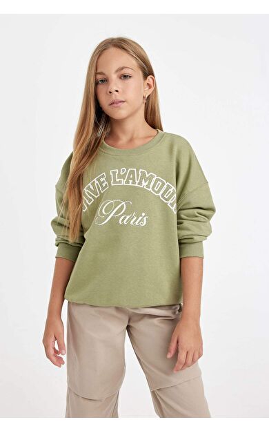 DeFacto Kız Çocuk Relax Fit Bisiklet Yaka Baskılı Sweatshirt D3572A824AUKH461