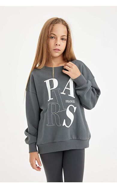 DeFacto Kız Çocuk Oversize Fit Bisiklet Yaka Slogan Baskılı Sweatshirt D3573A824AUAR58