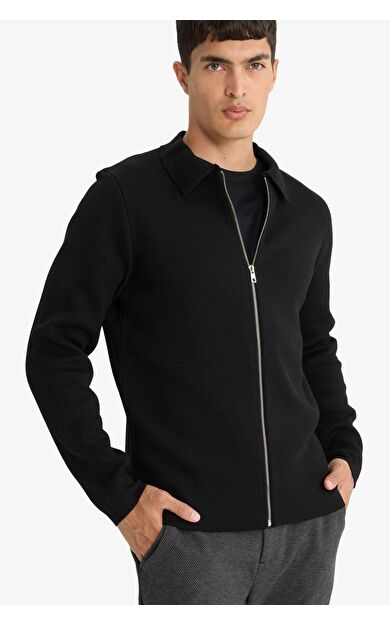 DeFacto Standart Fit Polo Yaka Fermuarlı Triko Hırka D3592AX25WNBK27