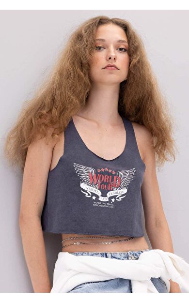 DeFactoFit Loose Fit Baskılı Bisiklet Yaka Kalın Kumaş Atlet