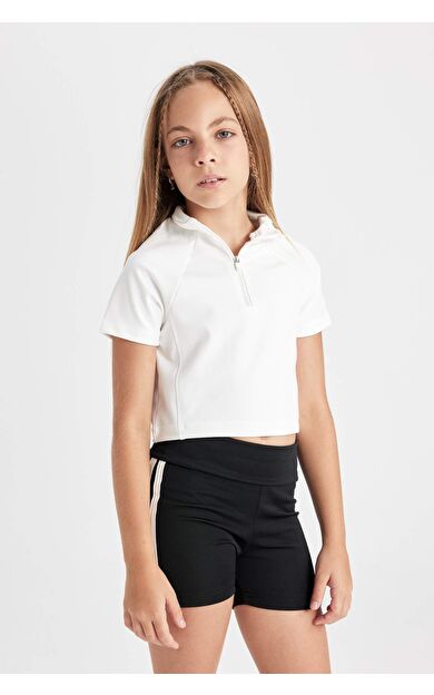 DeFactoFit Kız Çocuk Relax Fit Hakim Yaka Pelüş Kısa Kollu Tişört