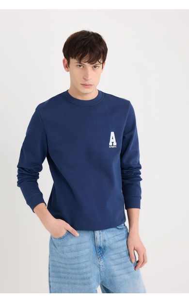 DeFacto Lacivert New Regular Fit Bisiklet Yaka Baskılı Kalın Kumaş Sweatshirt