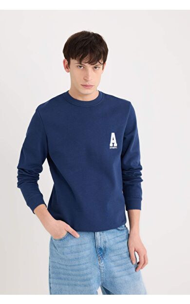 DeFacto Lacivert New Regular Fit Bisiklet Yaka Baskılı Kalın Kumaş Sweatshirt