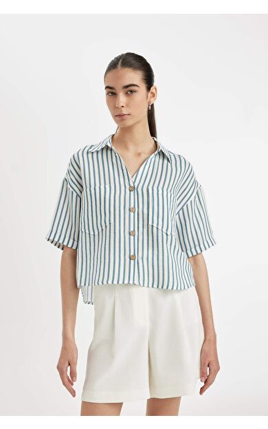 DeFactoFit Çizgili Müslin Kısa Kollu Gömlek