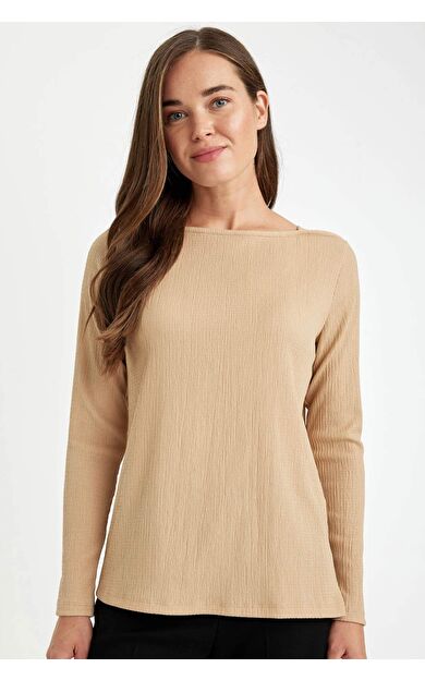 DeFactoFit Regular Fit Kayık Yaka Bürümcük Uzun Kollu Tişört