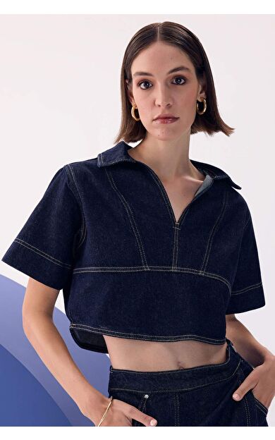 Fashion Fit Kısa Kollu Jean Bluz