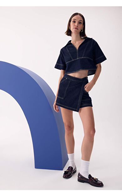 Yüksek Bel Jean Şort Etek
