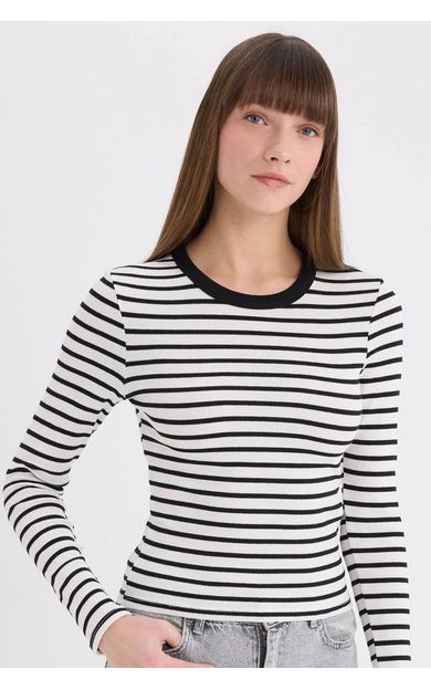DeFacto Slim Fit Dar Kesim Bisiklet Yaka Çizgili Uzun Kollu Tişört