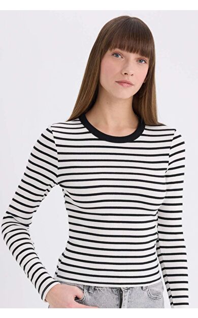 DeFacto Slim Fit Dar Kesim Bisiklet Yaka Çizgili Uzun Kollu Tişört