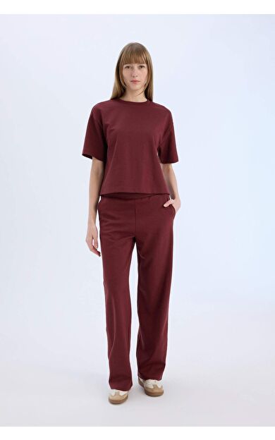 DeFacto Wide Leg Geniş Paça Eşofman Altı Beli Lastikli Cepli Basic Düz Bordo