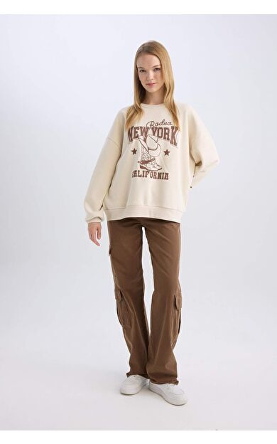 Afra x DeFacto Straight Fit Kargo Cepli Normal Bel Gabardin Pantolon D3762AX24AUBN549