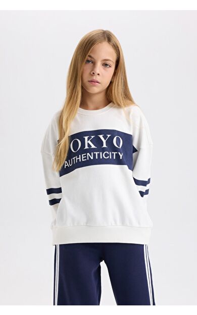 DeFacto Kız Çocuk Oversize Fit Geniş Kalıp Bisiklet Yaka Çizgili Sweatshirt