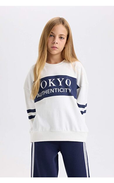 DeFacto Kız Çocuk Oversize Fit Geniş Kalıp Bisiklet Yaka Çizgili Sweatshirt