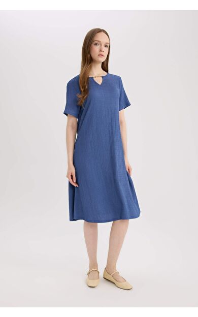 Regular Fit Bisiklet Yaka Bürümcük Kısa Kollu Elbise