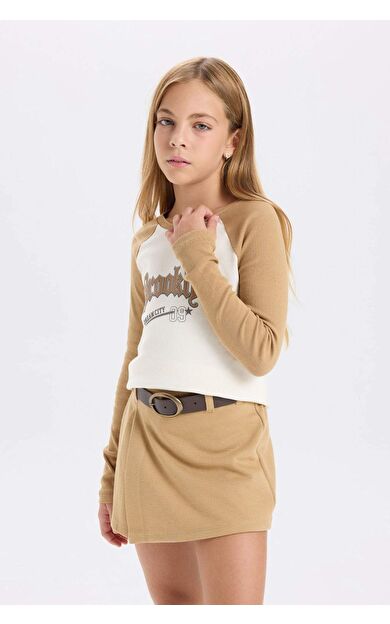 DeFacto Kız Çocuk Crop Bisiklet Yaka Slogan Baskılı Fitilli Kaşkorse Uzun Kollu Tişört