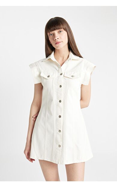 DeFacto Fashion Fit Kolsuz Beyaz Mini  Jean Elbise