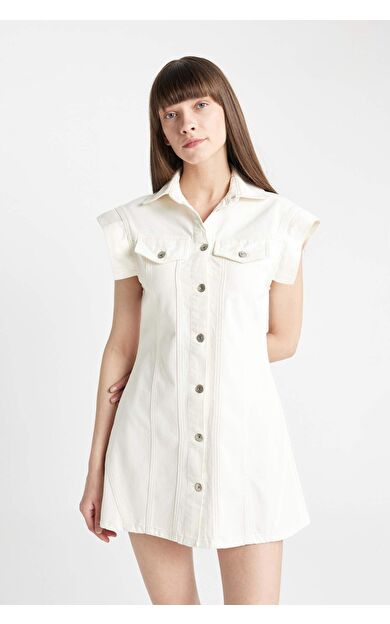 Fashion Fit Kolsuz Beyaz Mini  Jean Elbise