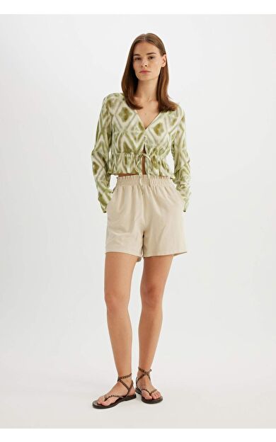 DeFactoFit Relax Fit Paperbag Bel Geniş Paça Keten Karışımlı Şort D3944AX24SMBG737