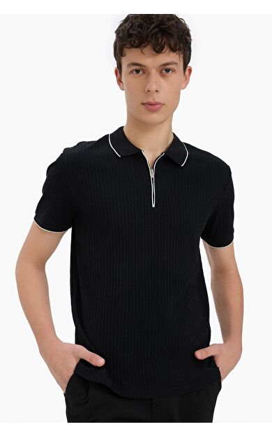 DeFacto Slim Fit Dar Kesim Kısa Kollu Fitilli Kaşkorse Yarım Fermuarlı Polo Tişört