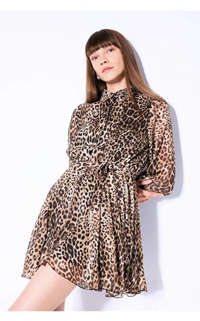 Leopar Desenli Uzun Kollu Mini Elbise