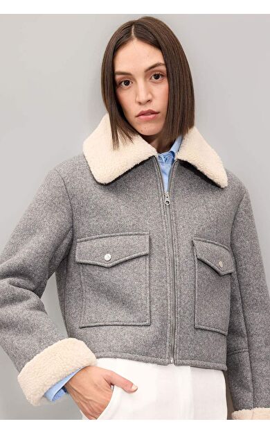 DeFacto Suni Kürlü Polo Yaka Kısa Kaşe Kaban Fermuarlı Cepli Pelüş Astarlı