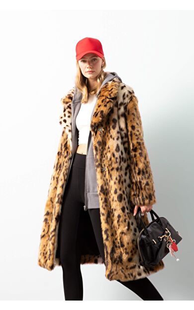 DeFacto Relax Fit Leopar Desenli Ceket Yaka Cepli Uzun Suni Kürk Kaban