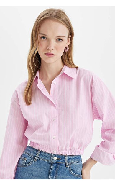 DeFactoFit Oversize Fit Gömlek Yaka Baskılı Poplin Uzun Kollu Gömlek