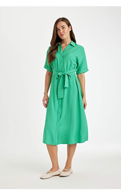 Traditional Regular Fit Gömlek Yaka Kısa Kollu Elbise