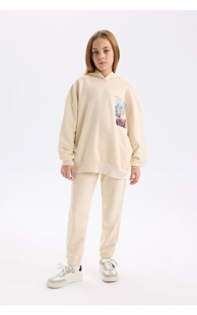 DeFacto Kız Çocuk 2'li Takım Bisiklet Yaka Baskılı Sweatshirt Beli Lastikli Jogger Eşofman Altı