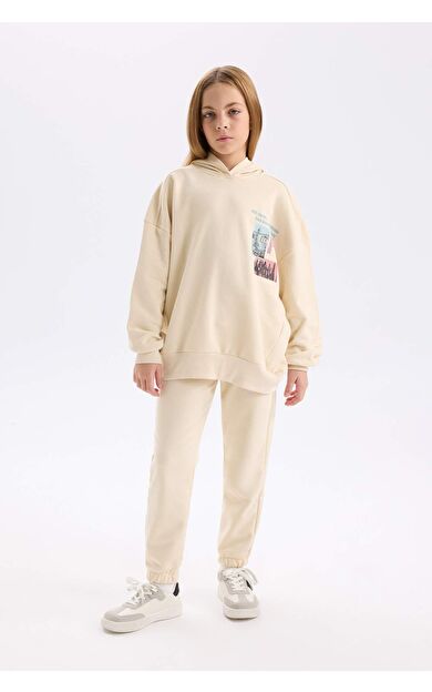 DeFacto Kız Çocuk 2'li Takım Bisiklet Yaka Baskılı Sweatshirt Beli Lastikli Jogger Eşofman Altı