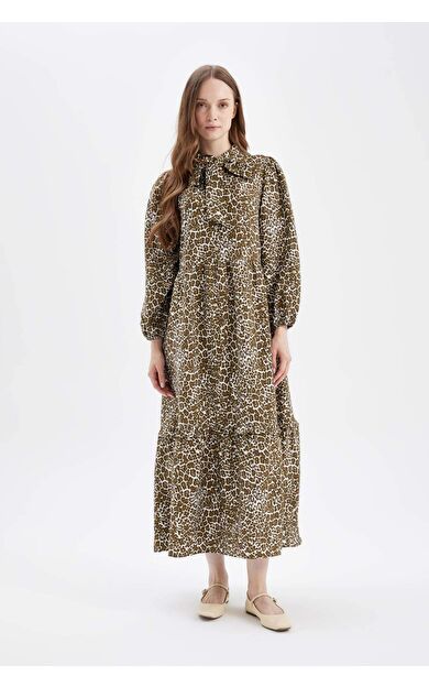 Fiyonk Yaka Leopar Desenli Uzun Kollu Maxi Elbise