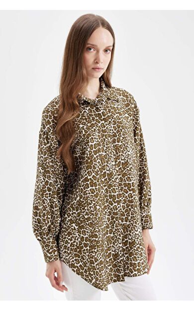DeFacto Relax Fit Leopar Desenli Uzun Kollu Gömlek Tunik
