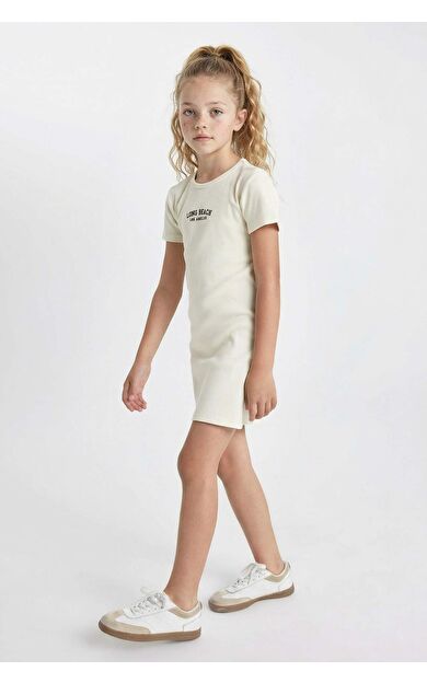 Kız Çocuk Baskılı Fitilli Kaşkorse Kısa Kollu Elbise