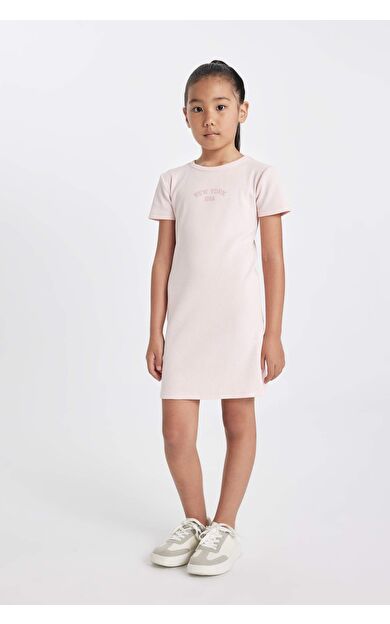 Kız Çocuk Baskılı Fitilli Kaşkorse Kısa Kollu Elbise