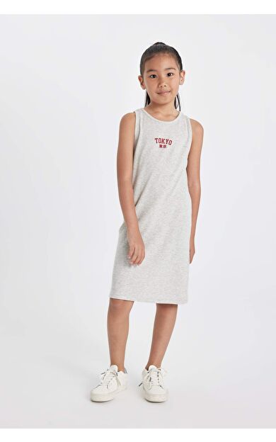 Kız Çocuk Baskılı Fitilli Kaşkorse Kolsuz Elbise