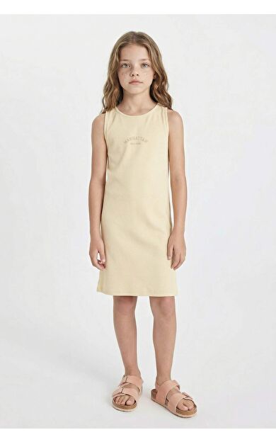 Kız Çocuk Baskılı Fitilli Kaşkorse Kolsuz Elbise