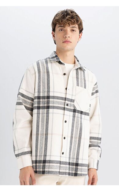 DeFacto Regular Fit Polo Yaka Kareli Oduncu Flanel Uzun Kollu Gömlek
