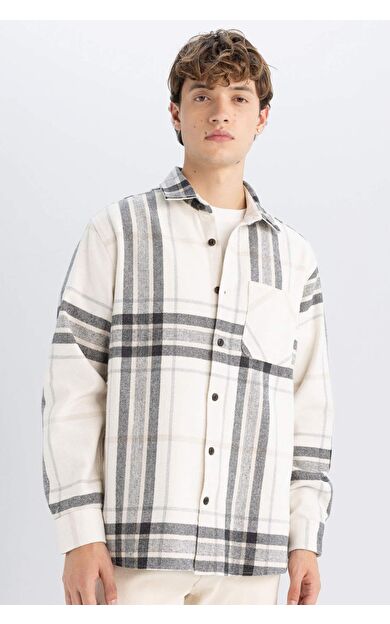 DeFacto Regular Fit Polo Yaka Kareli Oduncu Flanel Uzun Kollu Gömlek