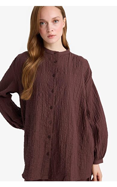 Relax Fit Bisiklet Yaka Gofre Dokulu Uzun Kollu Tunik