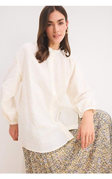 Relax Fit Gofre Dokulu Uzun Kollu Gömlek Tunik