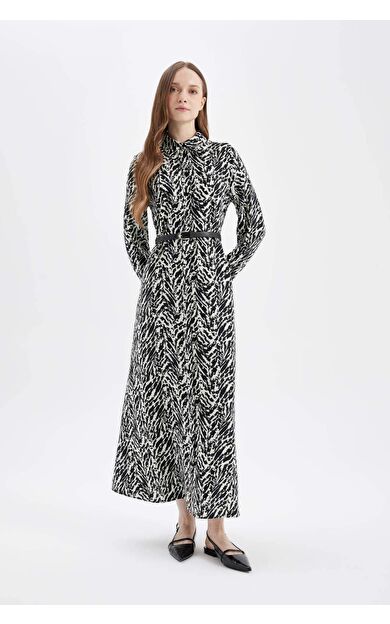 Gömlek Yaka Baskılı Uzun Kollu Elbise