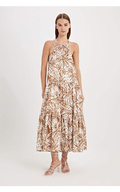A Kesim Halter Yaka Desenli Vual Kolsuz Maxi Elbise