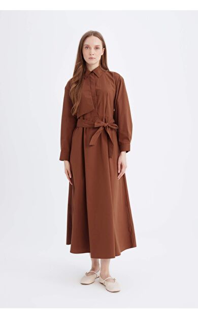 DeFacto Gömlek Yaka Poplin Uzun Kollu Elbise