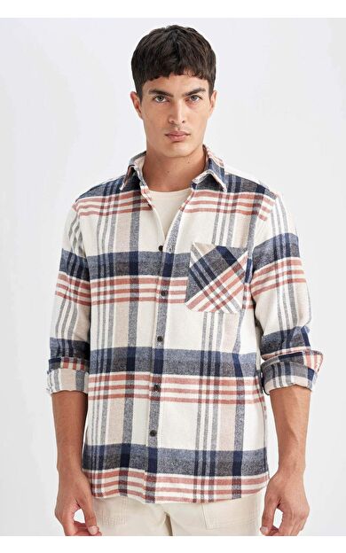 DeFacto Regular Fit Polo Yaka Kareli Flanel Uzun Kollu Gömlek D4180AX24WNER98