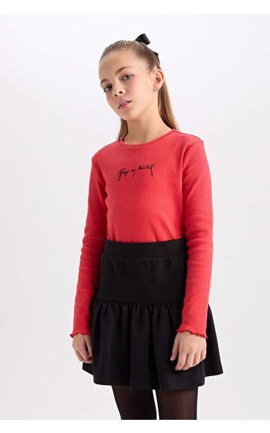DeFacto Kız Çocuk Bisiklet Yaka Nakışlı Kırmızı Ribana Uzun Kollu Tişört Fiyonk Toka 2'li Takım